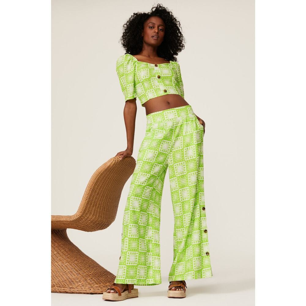 THE ODELLS Neon Green Tropical Linen Blend Loose Wide Leg Anna Pant Size Small